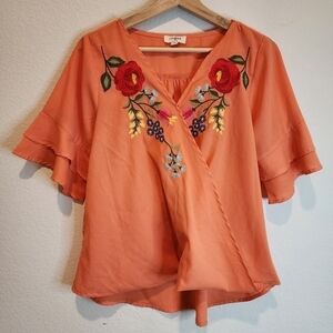 UMGEE Cantaloupe Orange Flowing Floral Embroidered Top size M